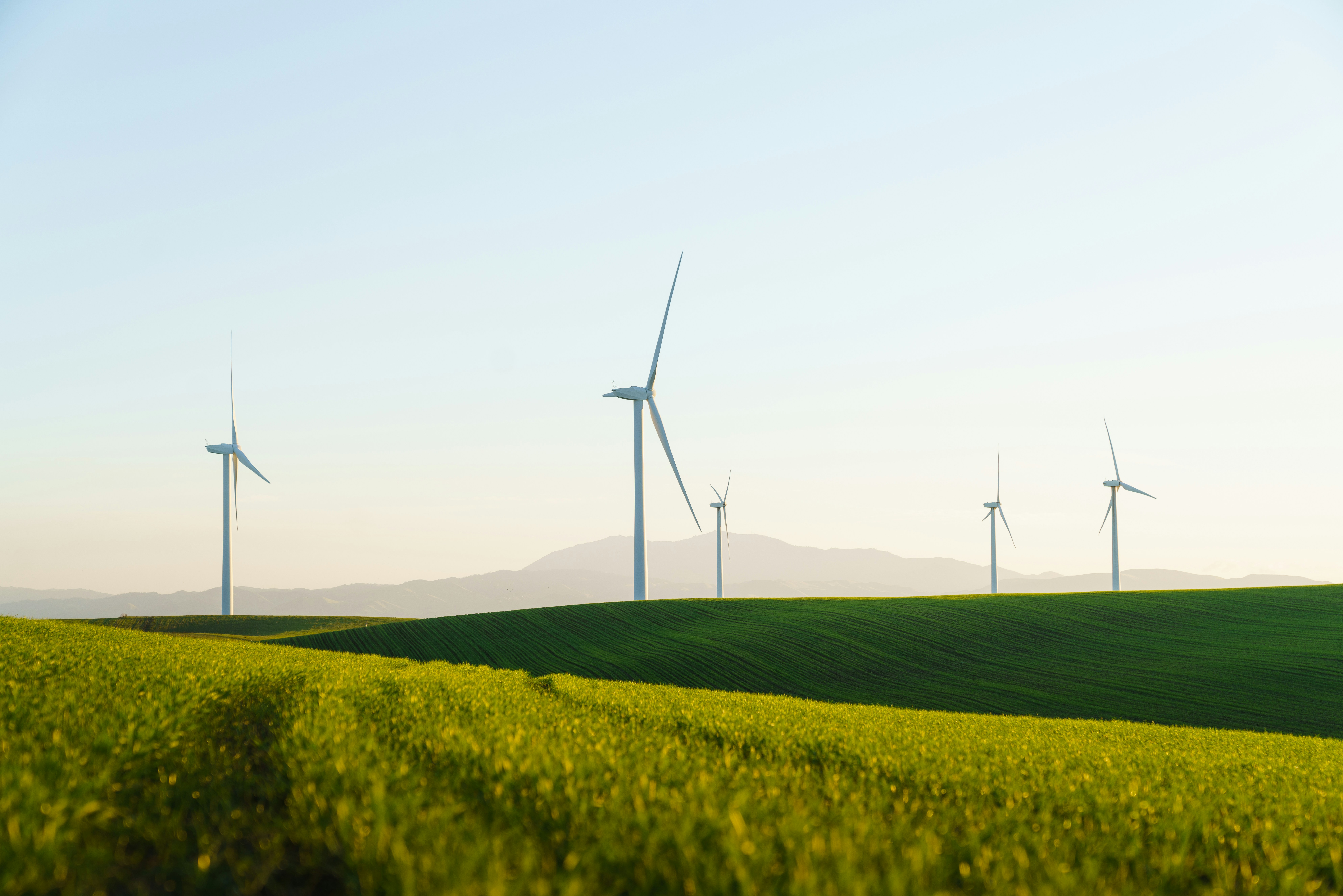 wind turbines against a field
